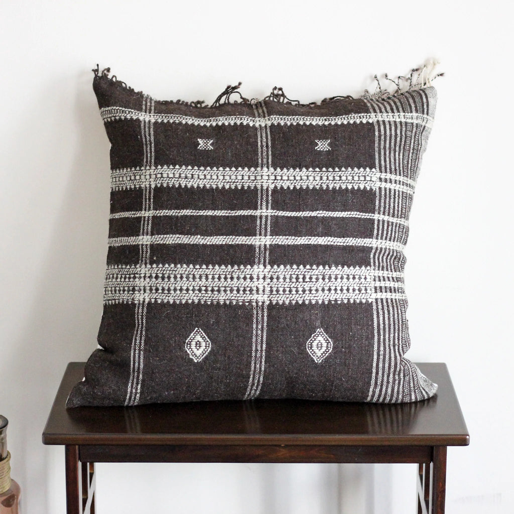 Handmade Bhujodi Throw Pillow Cover Rustic Wool Cotton Cushion Brown 22x22