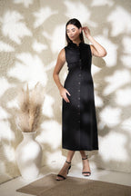 Linen Button Front Midi Dress with Tie Back