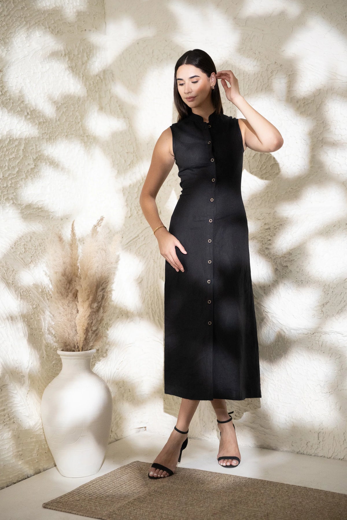 Linen Button Front Midi Dress with Tie Back
