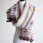 Handwoven Wrap from Handspun Tussar Silk Fine Cotton Colourful Tassels Beige Stole 24x86