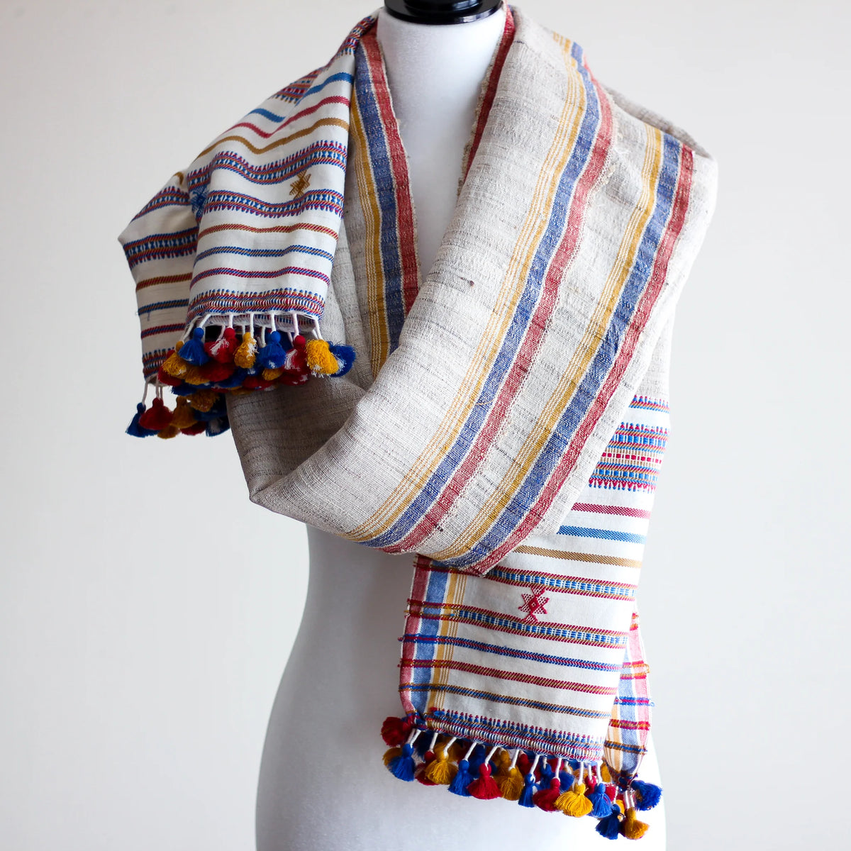 Handwoven Wrap from Handspun Tussar Silk Fine Cotton Colourful Tassels Beige Stole 24x86