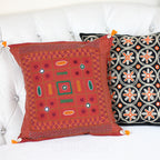 Tribal Lambani Hand Embroidered Cushion Cover With Kodi Sea Shell Tassels Banjara Decorative Throw Pillow Carmine 16x16