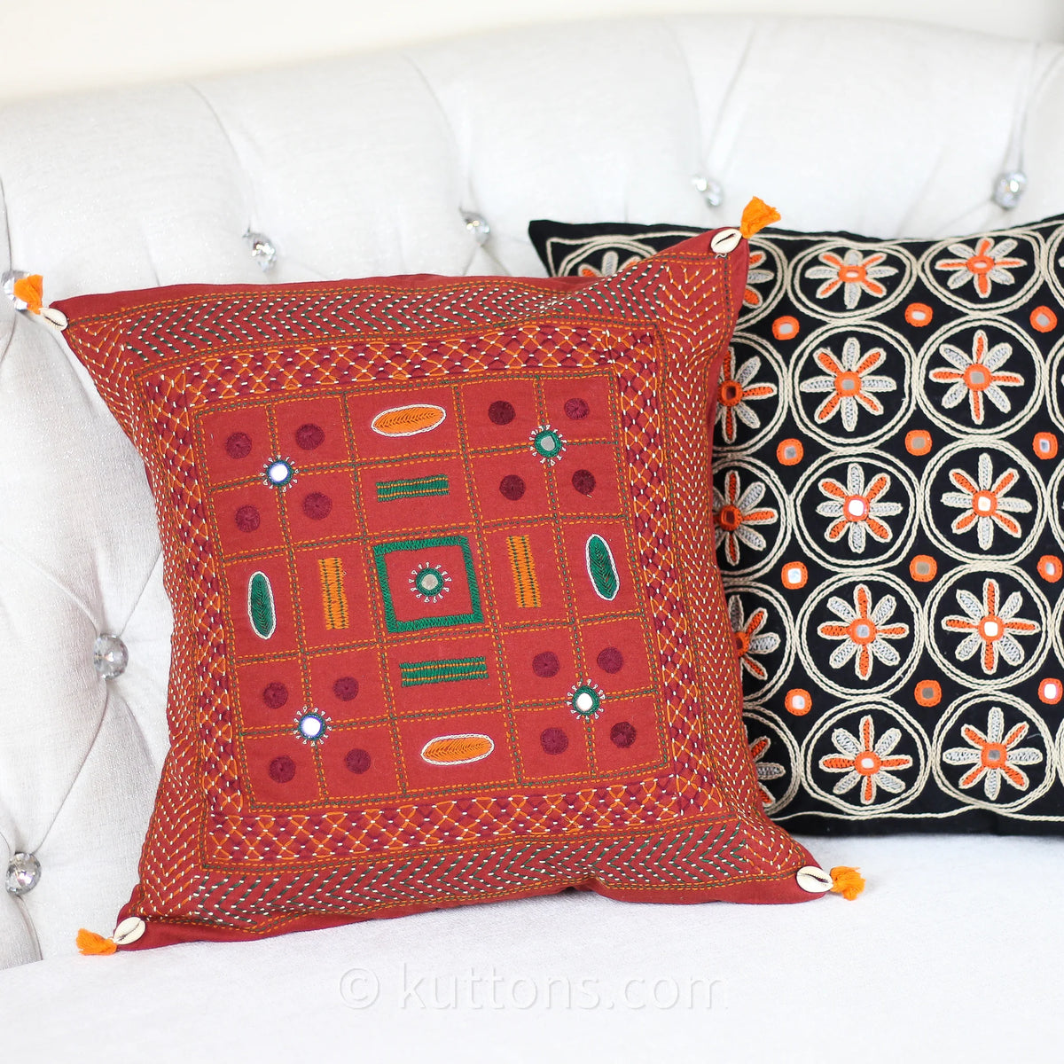 Tribal Lambani Hand Embroidered Cushion Cover With Kodi Sea Shell Tassels Banjara Decorative Throw Pillow Carmine 16x16