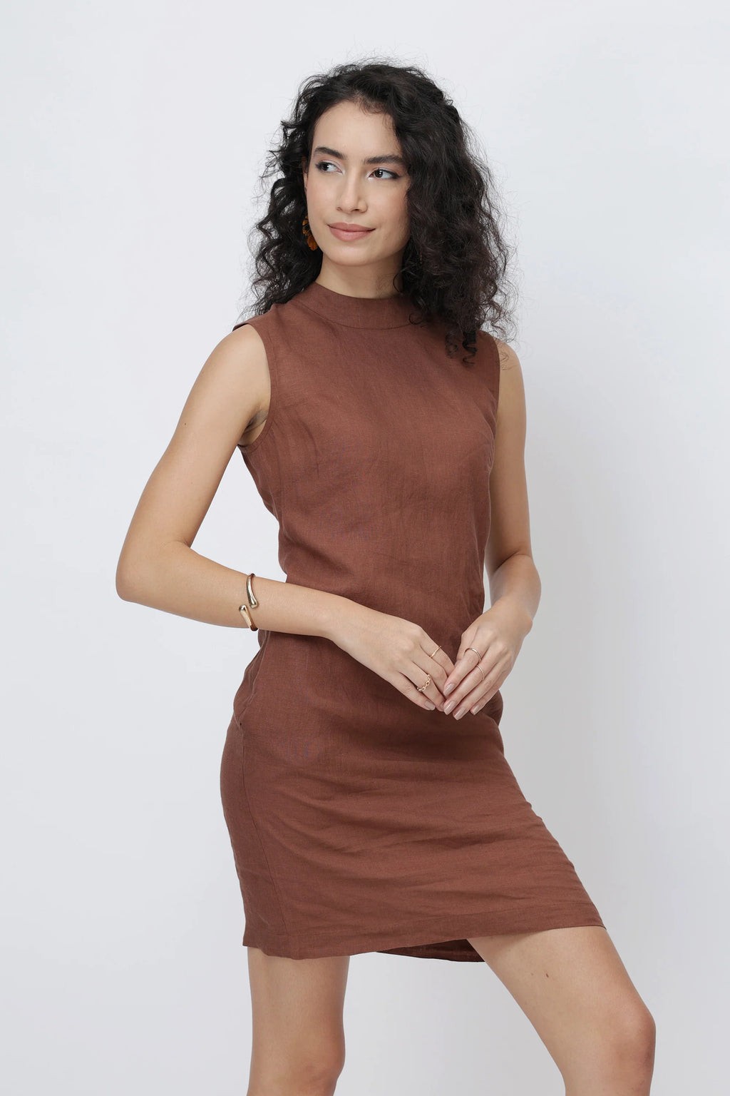 Structured High Neck Linen Mini Dress Minimalist Linen Dress