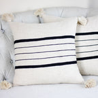 Handmade Textured Cotton Striped Pillow Cover Large Corner Tassels Cream 18x18 Square