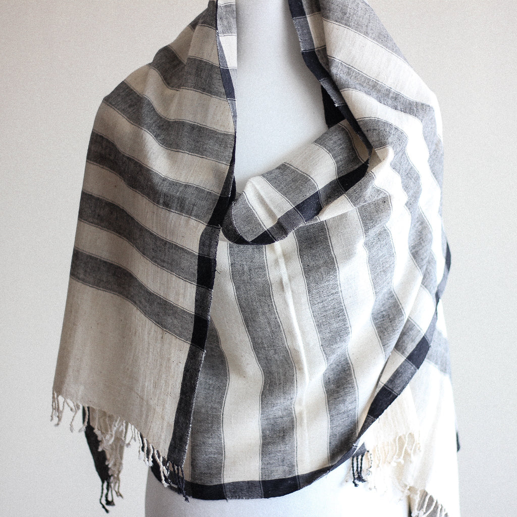 Handwoven Organic Kala Cotton Wrap with Tassels Genetically Pure Organic Cotton Scarf Cream Gray Stripes 23x89