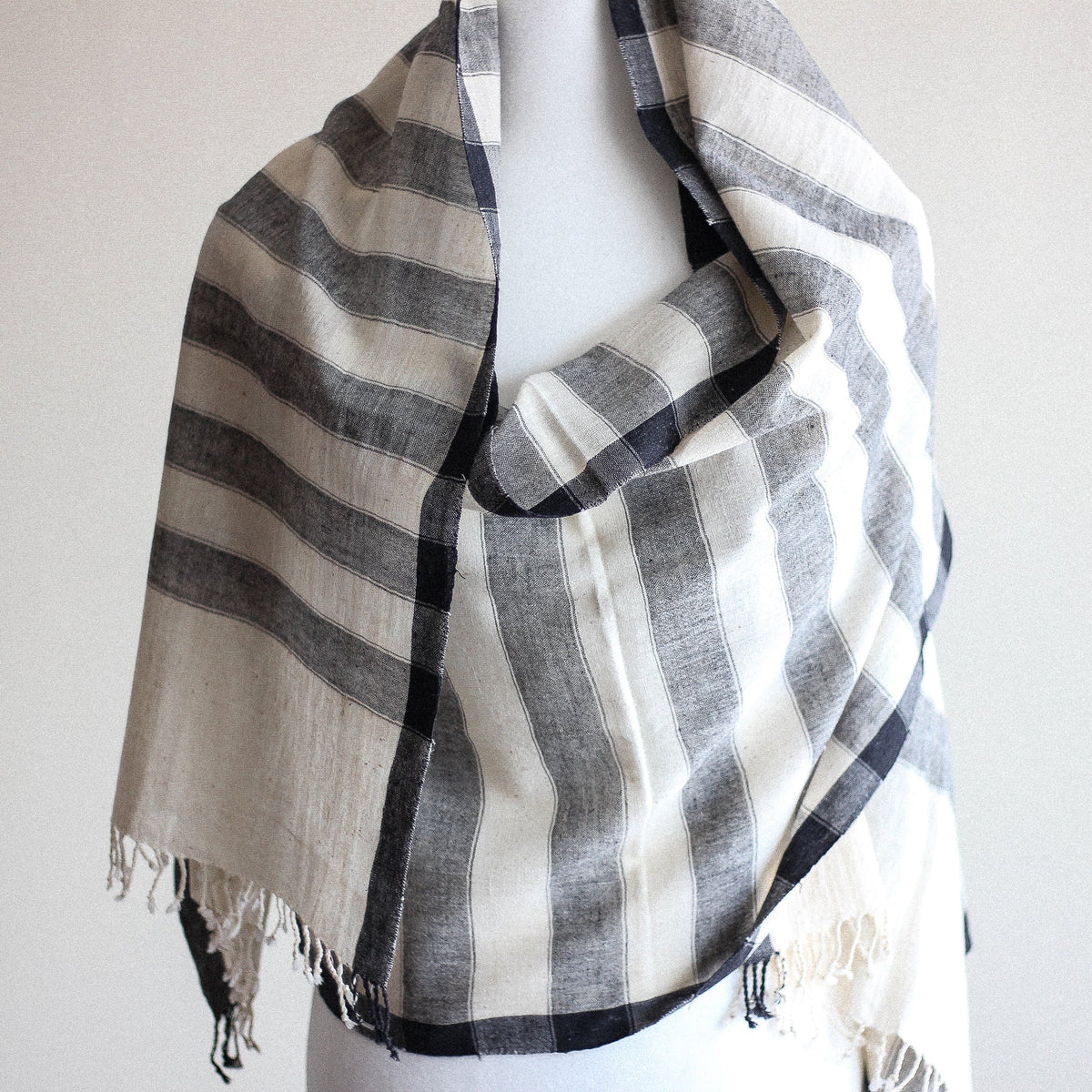 Handwoven Organic Kala Cotton Wrap with Tassels Genetically Pure Organic Cotton Scarf Cream Gray Stripes 23x89