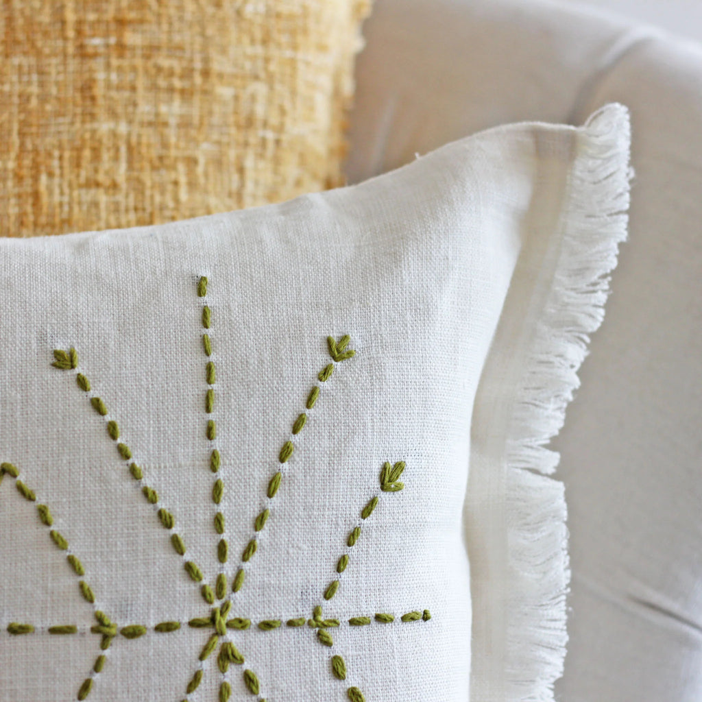 Hand Embroidered 100 Linen Gauze Pillow Cover Fringed Edges Handmade 16x24