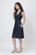 Elegant Sleeveless Linen Dress Tailored V Neck Button Down Dress in Premium European Linen