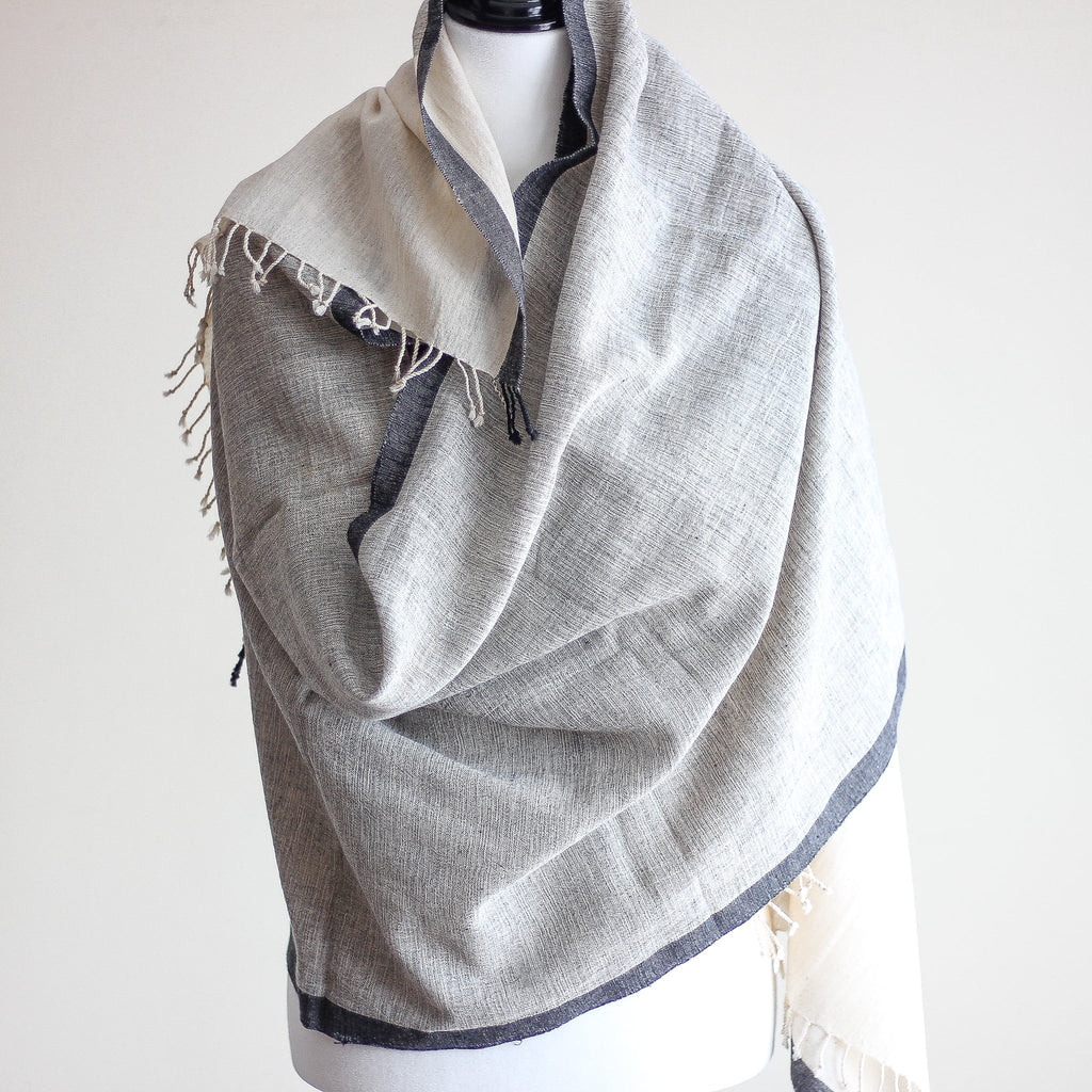 Organic Kala Cotton Wrap with Tassels Handwoven Genetically Pure Organic Cotton Scarf Cream Gray 23x84