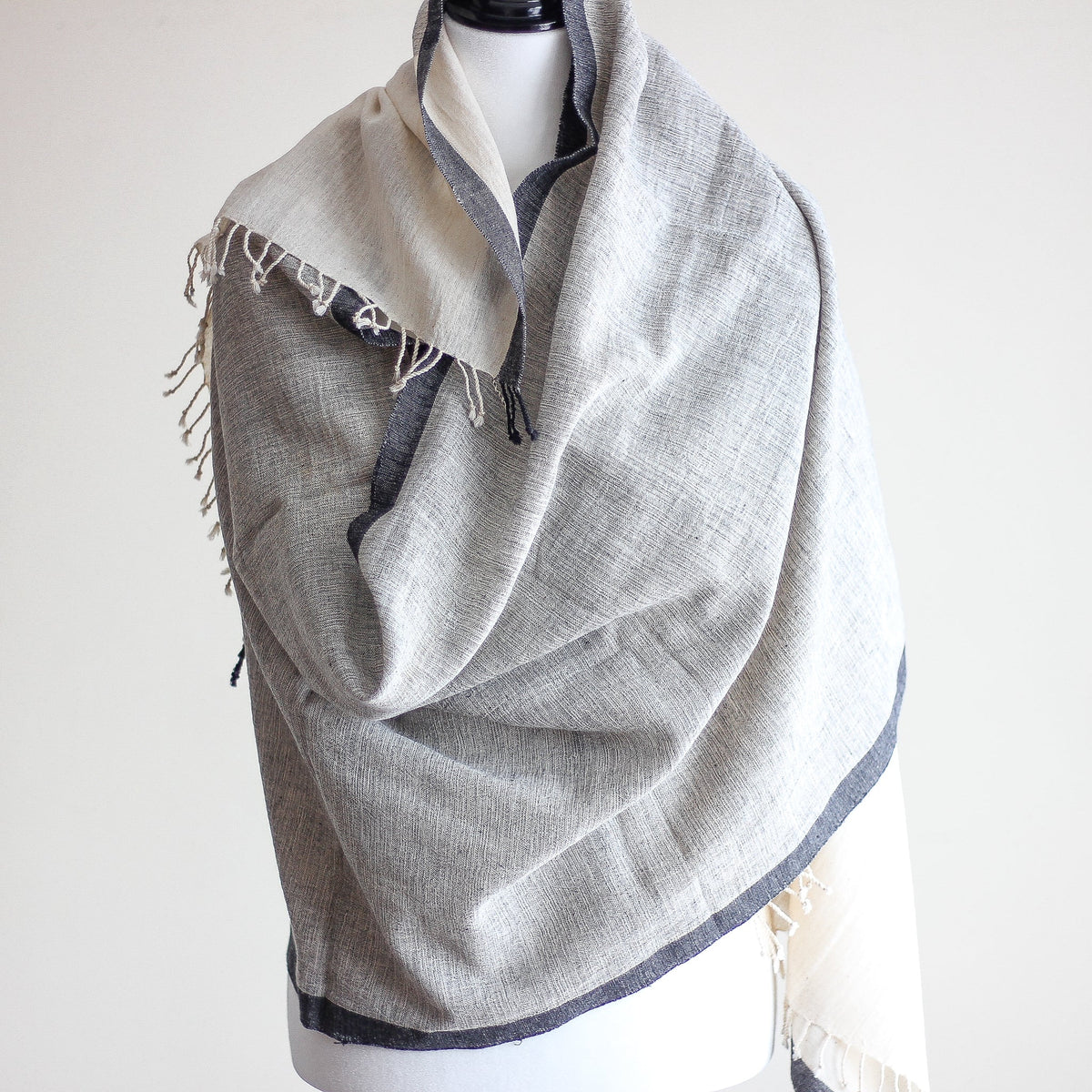 Organic Kala Cotton Wrap with Tassels Handwoven Genetically Pure Organic Cotton Scarf Cream Gray 23x84