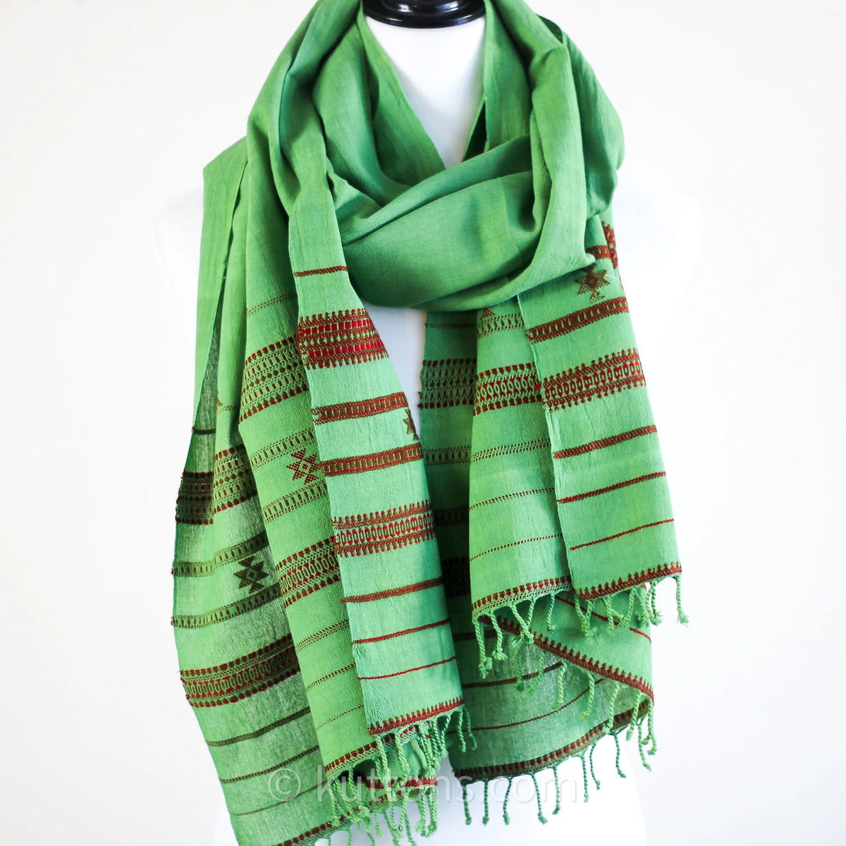 Organic Cotton Scarf Handwoven Kala Cotton Wrap with Tassels Green 22x73
