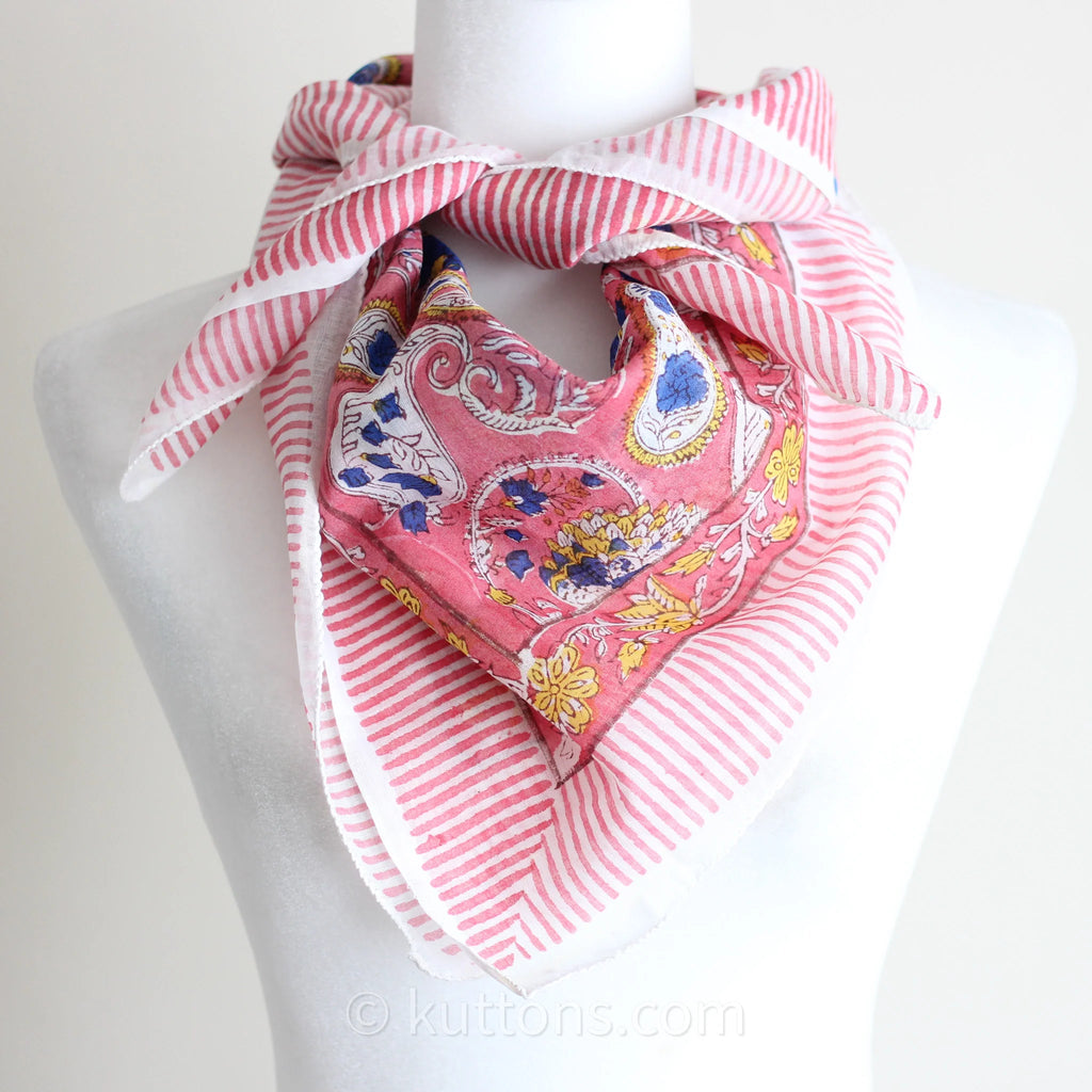 Soft Mul Cotton Bandana Scarf Sanganeri Hand Block Printed Pink 45x44