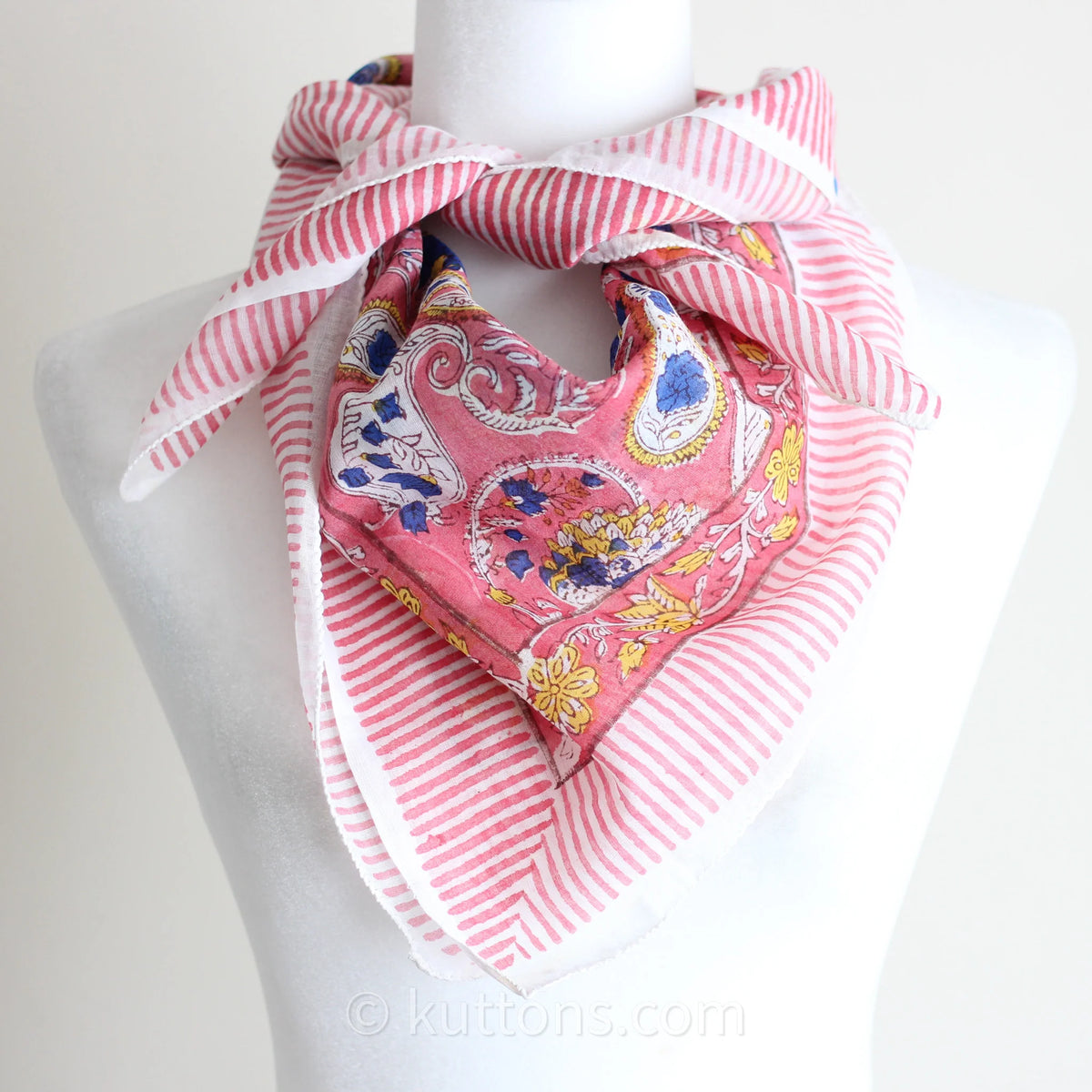 Soft Mul Cotton Bandana Scarf Sanganeri Hand Block Printed Pink 45x44