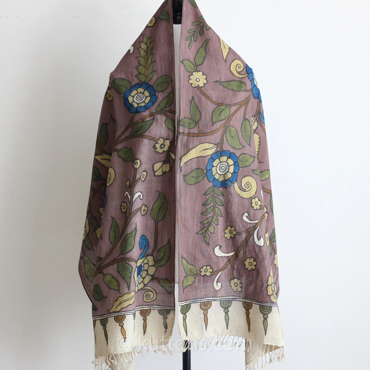 Kalamkari Hand Painted Cotton Scarf Ethnic Wrap Natural Colours Brown 21x75
