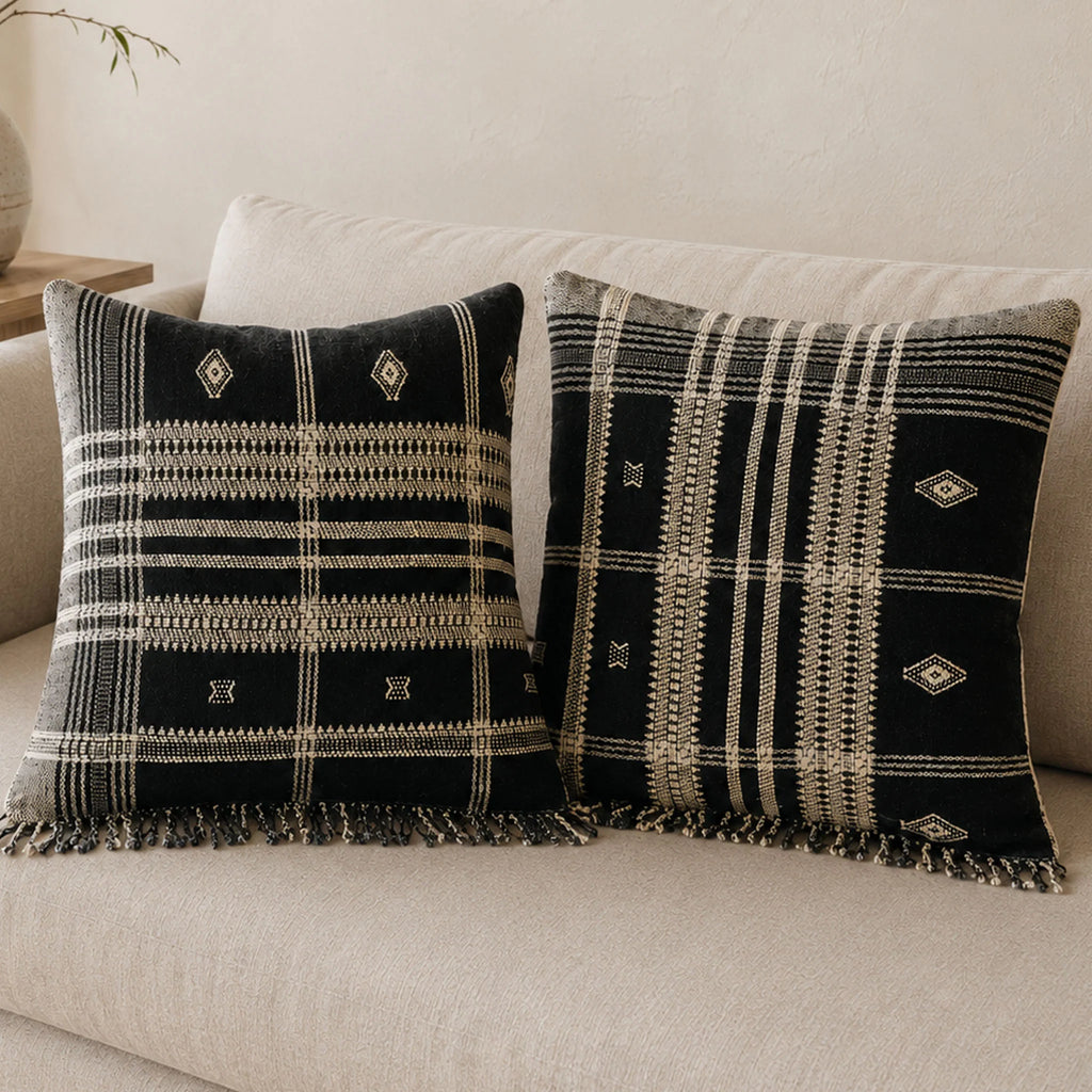 Bhujodi 100 Wool Organic Cotton Pillow Cover Rustic Handwoven Cushion with Tassels Dark Gray Pair