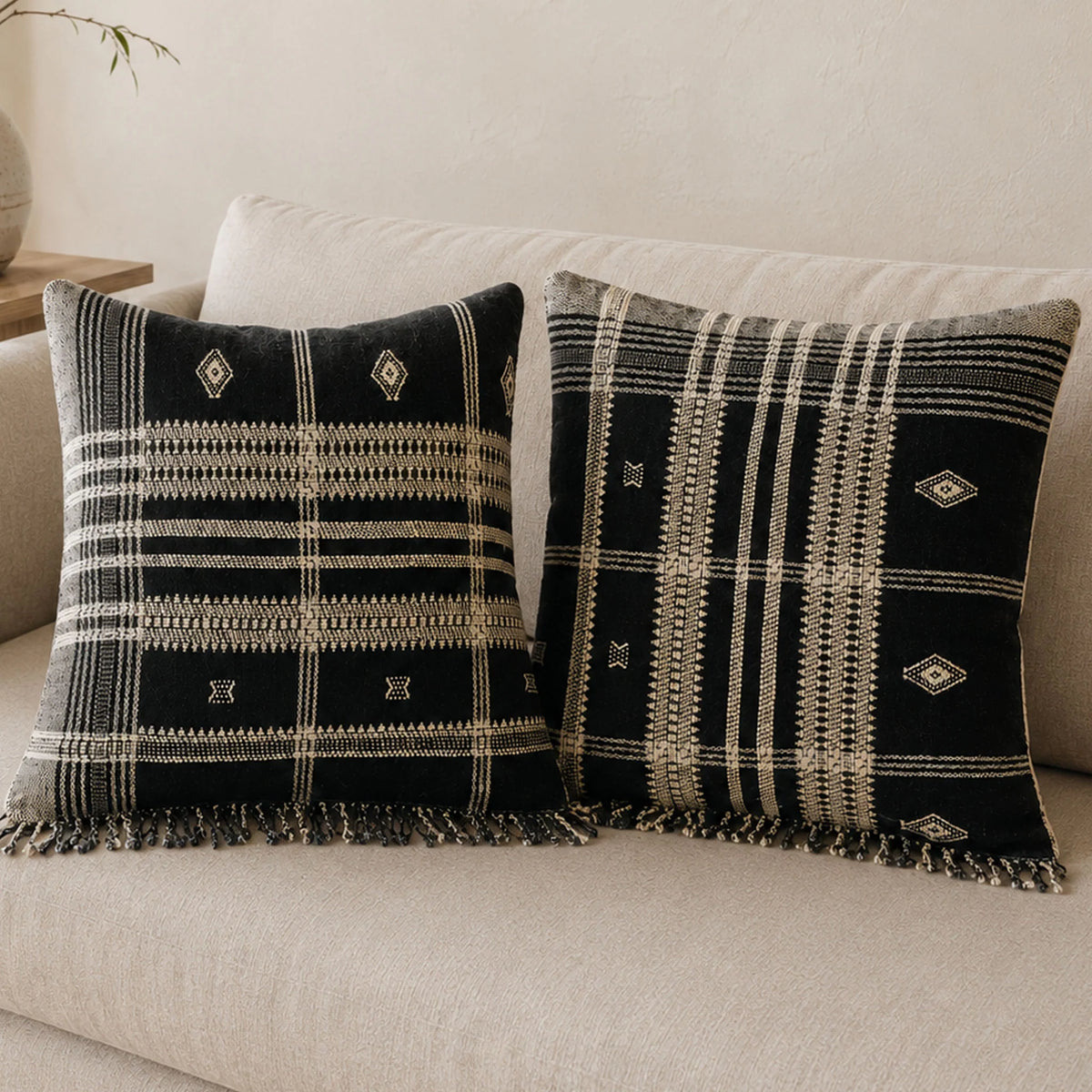 Bhujodi 100 Wool Organic Cotton Pillow Cover Rustic Handwoven Cushion with Tassels Dark Gray Pair