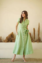 Sage Green Linen Button Down Dress with Lapel Collars Cap Sleeves Tie Belt Fit and Flare Dress