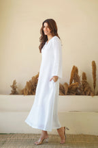 Linen Kaftan Dress Breezy White Pure Elegance Flowy Kaftan Maxi Dress with Full Sleeves Cotton Lining