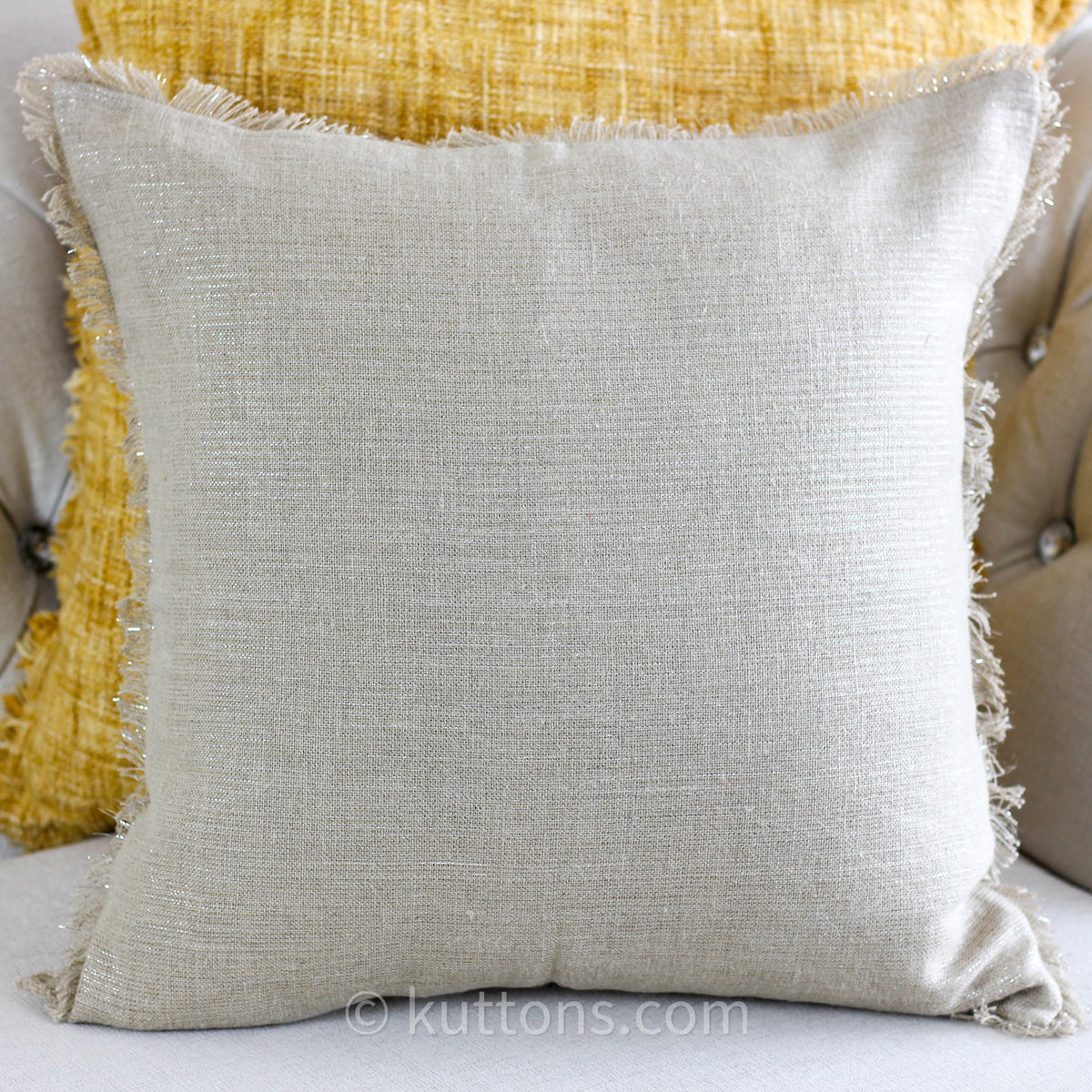 Handmade Linen Cushion Cover With Shiny Lurex Fringes Cream 20x20