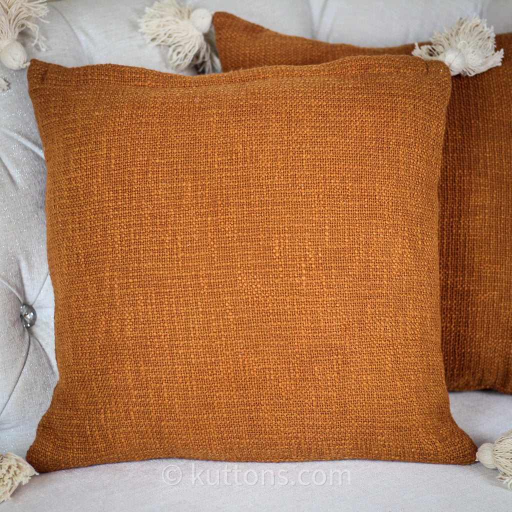 Hand Woven Solid Textured Cotton Throw Pillow Cover With Decorative Corner Tassels Rusted Orange 18x18