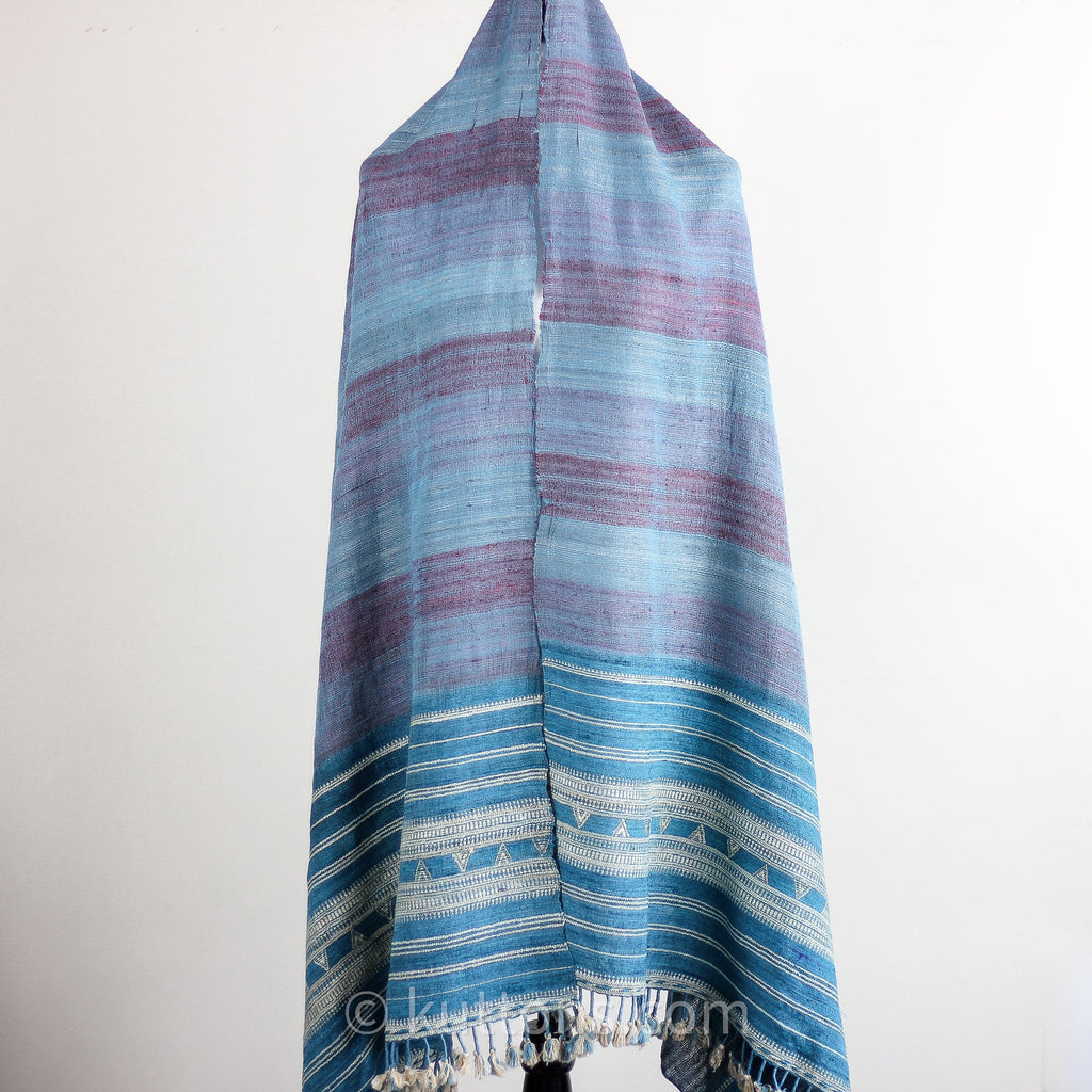 Handspun Handwoven Tussar Silk Merino Wool Shawl Wrap Blue Golden Brown 37x83