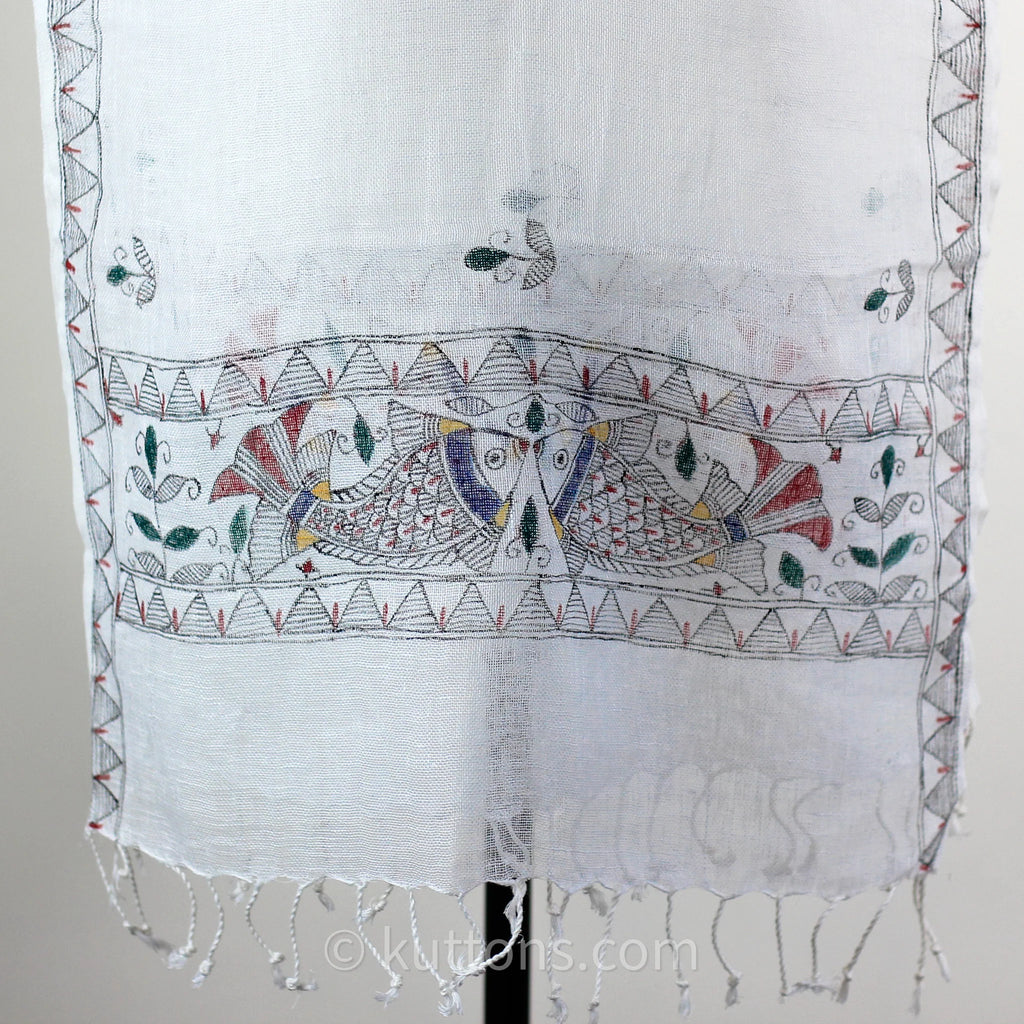 Hand Painted Ethnic Madhubani Linen Wrap with Tassels Tribal Motifs Fish White 20x80