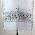 Hand Painted Ethnic Madhubani Linen Wrap with Tassels Tribal Motifs Fish White 20x80