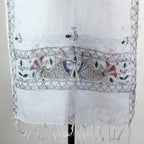 Hand Painted Ethnic Madhubani Linen Wrap with Tassels Tribal Motifs Fish White 20x80