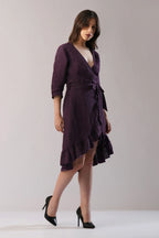 Elara Wrap Linen Dress Asymmetric Hem Ruffle Detail European Linen