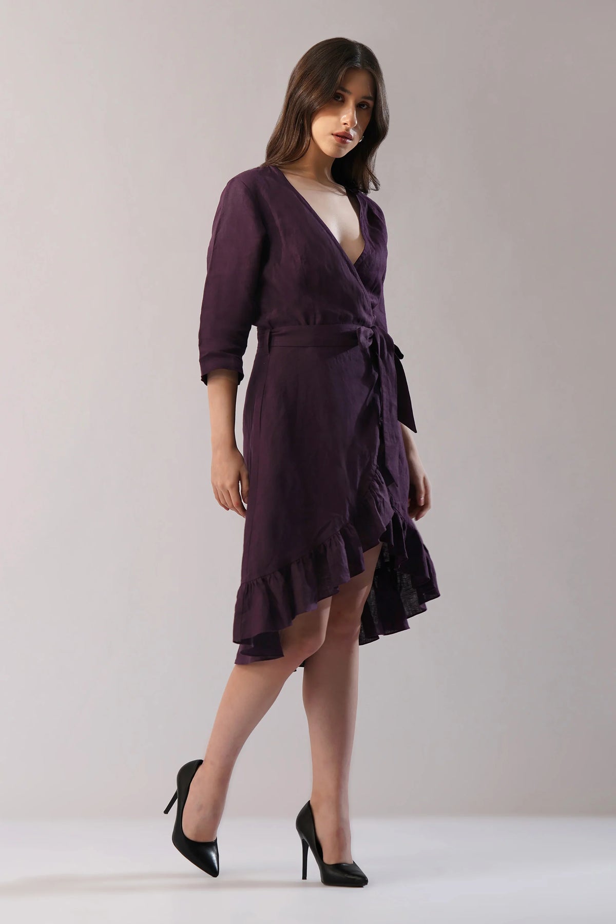 Elara Wrap Linen Dress Asymmetric Hem Ruffle Detail European Linen