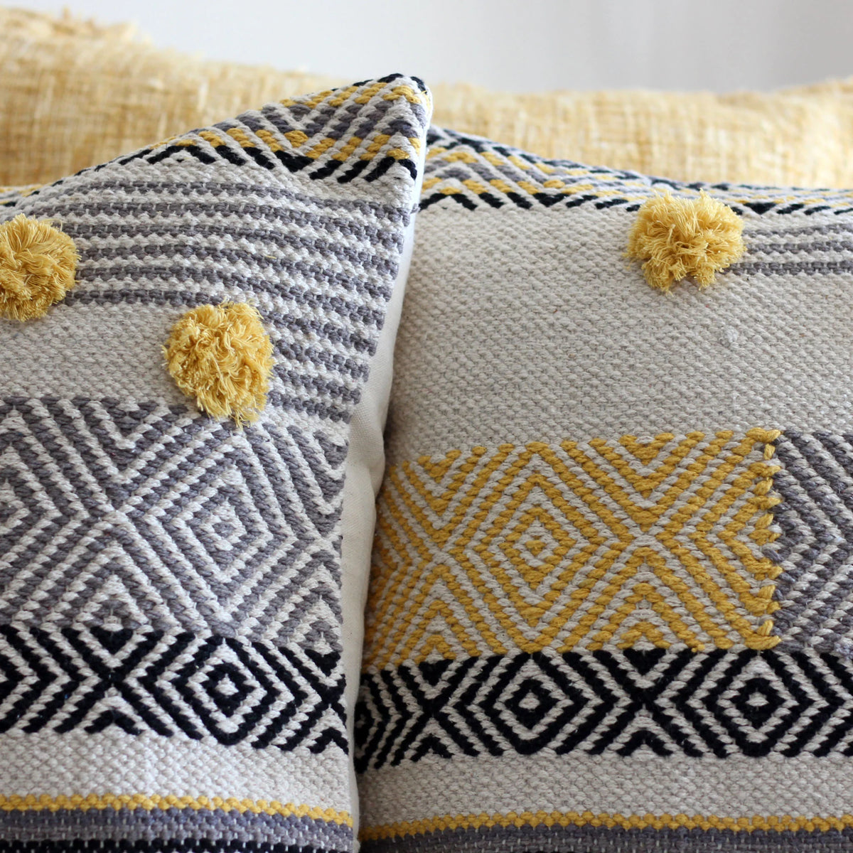 Handwoven Jute Cotton Boho Kilim Pillow Cover Sets Throw Pillows Cream Yellow Set of 2 Multiple Options 18x18