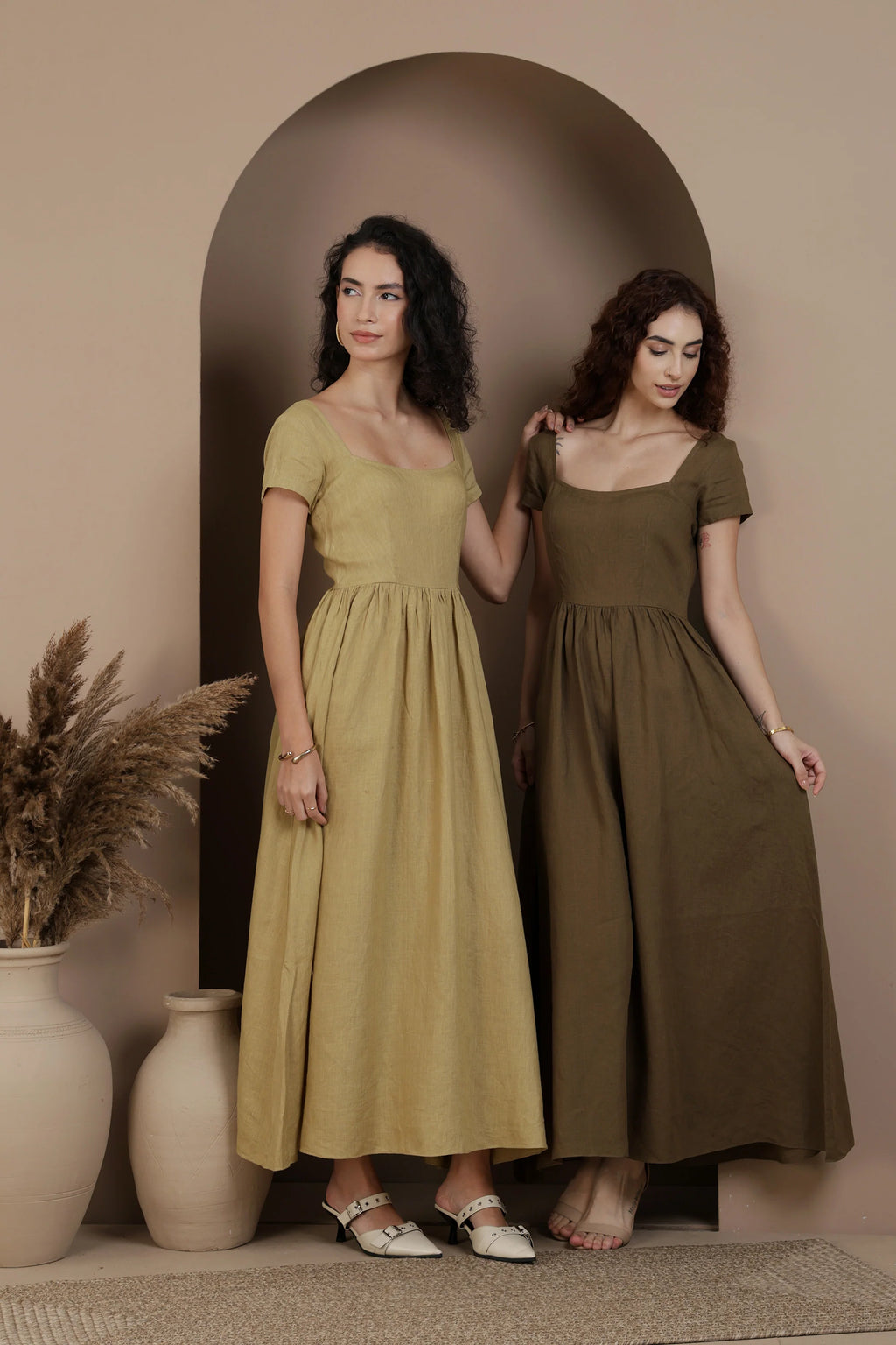 The Aria Linen Maxi Dress Square Neck Fitted Bodice