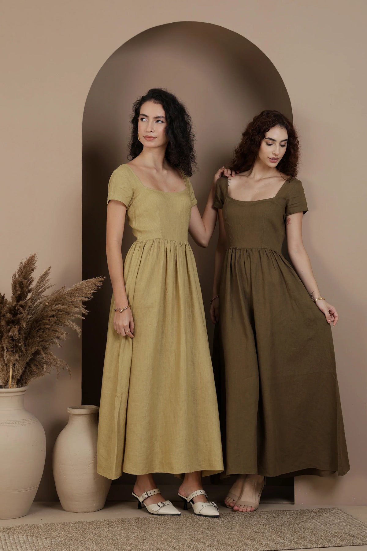 The Aria Linen Maxi Dress Square Neck Fitted Bodice
