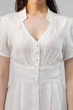 Puff Sleeve Linen Midi Dress with V Neck Button Front