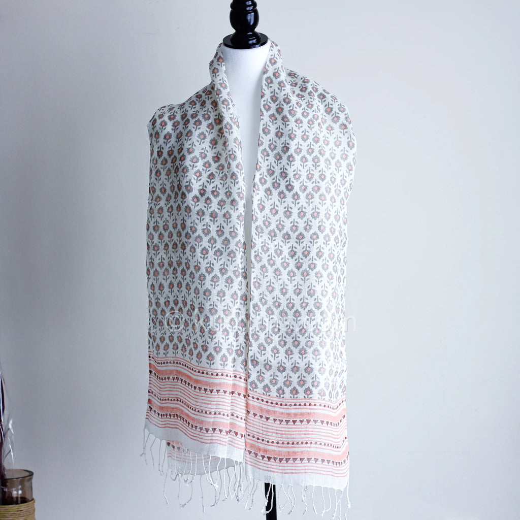 100 Linen Floral Hand Block Printed Stole Striped Border with Tassels Cream Peach 20x71