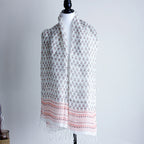 100 Linen Floral Hand Block Printed Stole Striped Border with Tassels Cream Peach 20x71