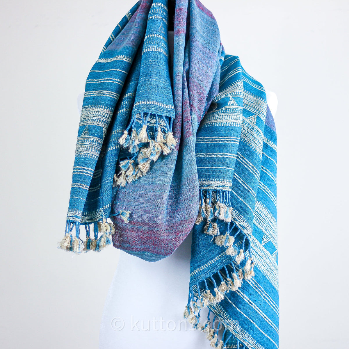 Handspun Handwoven Tussar Silk Merino Wool Shawl Wrap Blue Golden Brown 37x83