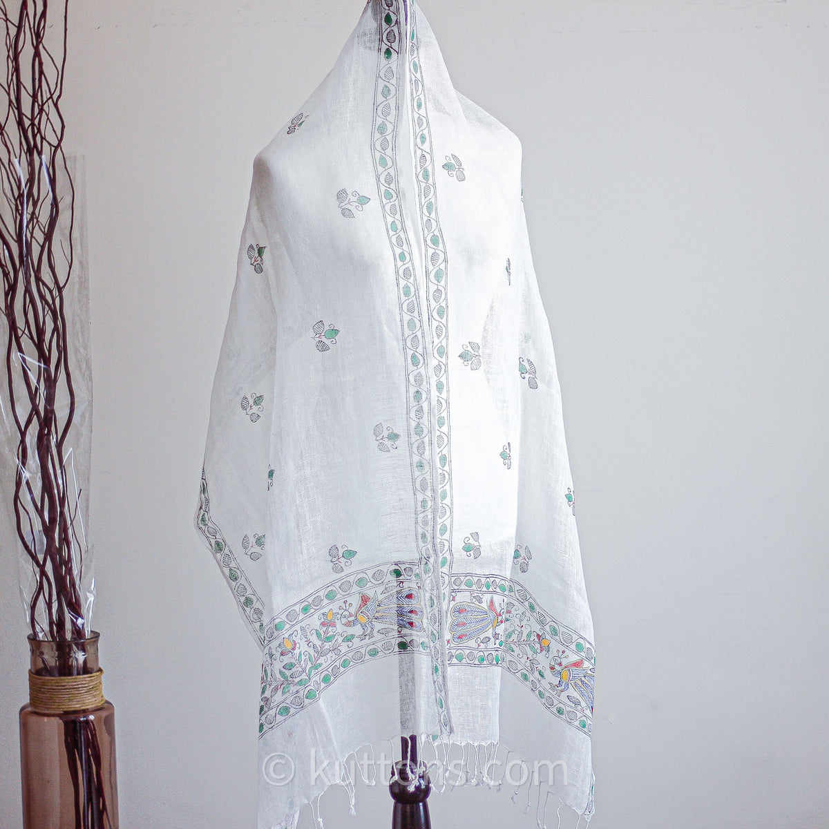 Hand Painted Linen Wrap with Tassels Tribal Madhubani Motifs White Green Leaves 20x80