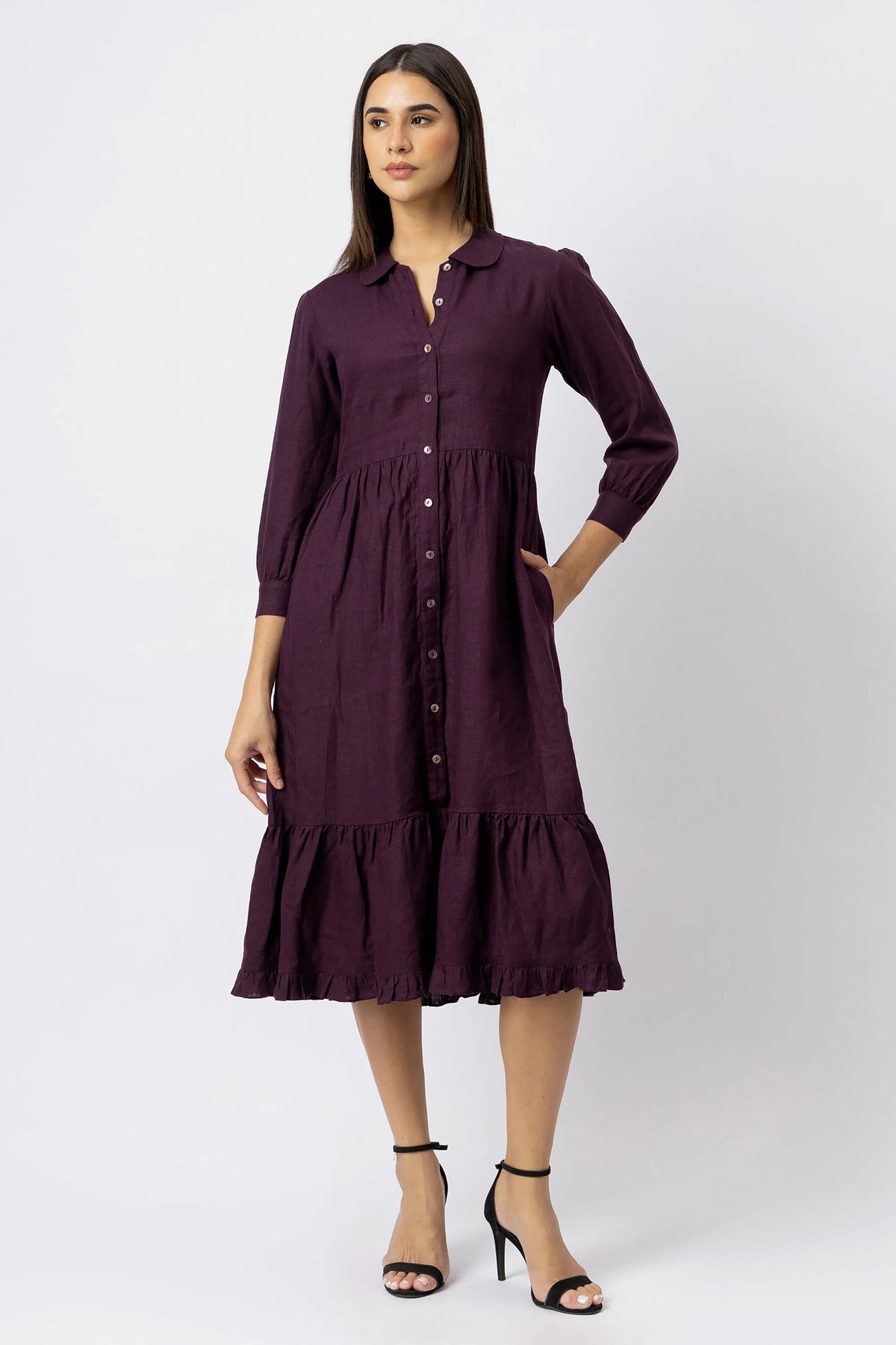 Tiered Button Front Midi Dress in European Linen Gathered Midi Shirt Dress