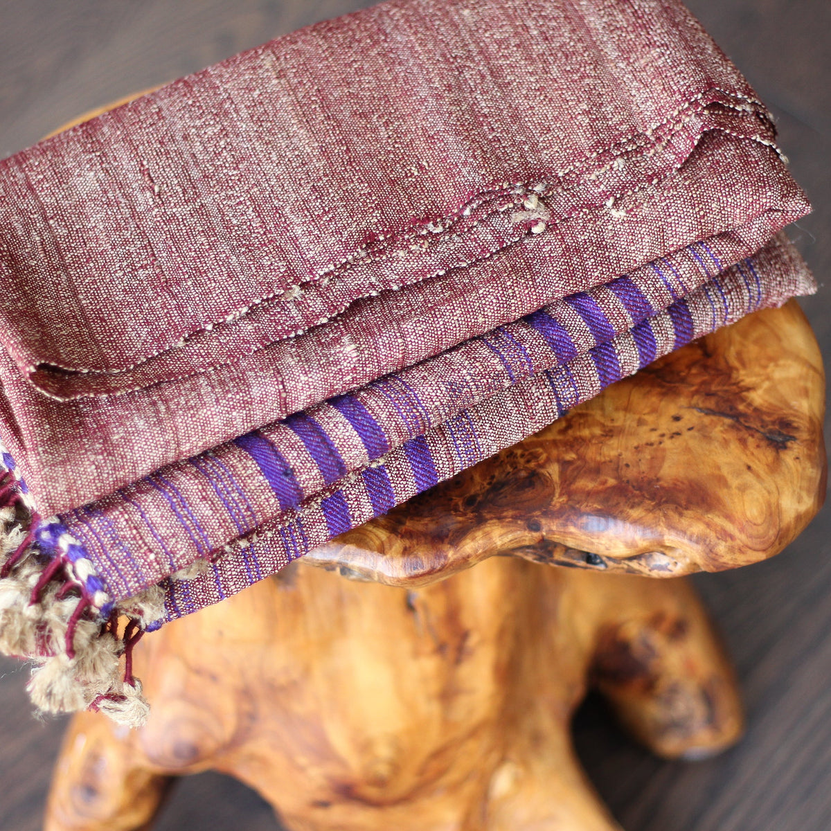 Handspun Tussar Silk Merino Wool Shawl Handwoven with Tassels Maroon 38x87