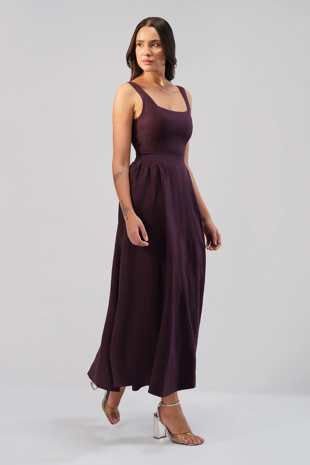 The Celeste Linen Occasion Dress Square Neck Sleeveless Full Length Linen Dress Open Scoop Back
