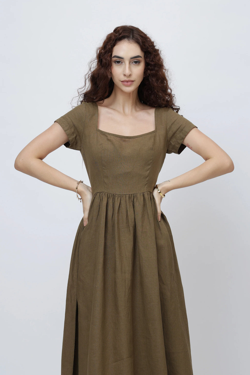 The Aria Linen Maxi Dress Square Neck Fitted Bodice