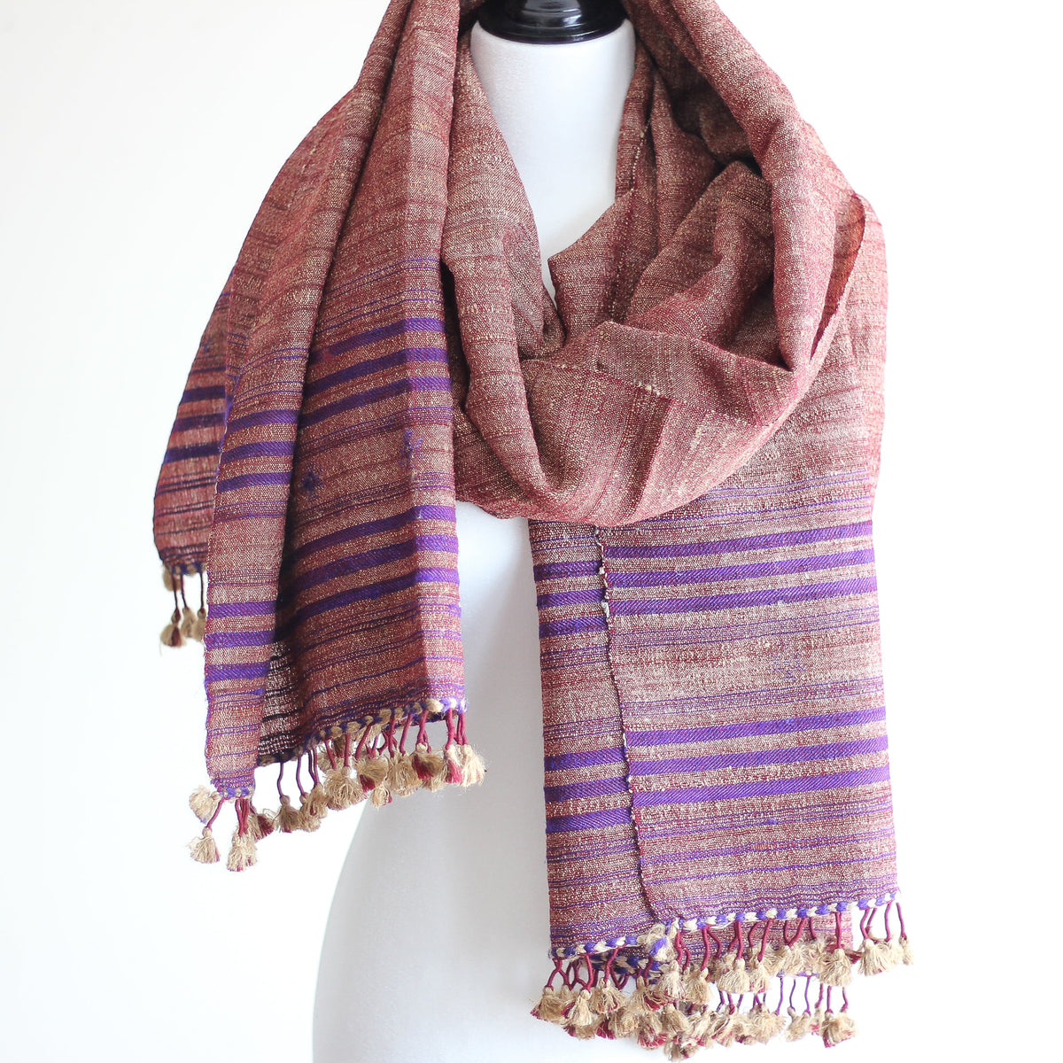 Handspun Tussar Silk Merino Wool Shawl Handwoven with Tassels Maroon 38x87