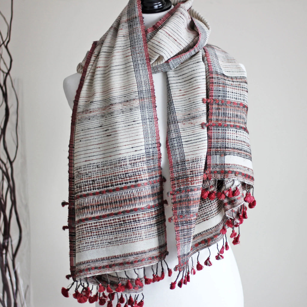 Naturally Dyed Silk Cotton Wrap with Tassels Handwoven from Cotton Eri Silk Tussar Silk White Red Stole 23x70