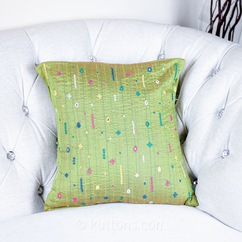 Bavaliyo Hand Embroidered Cotton Silk Decorative Cushion Cover With Mirror Embroidery Green Pillow 16x16