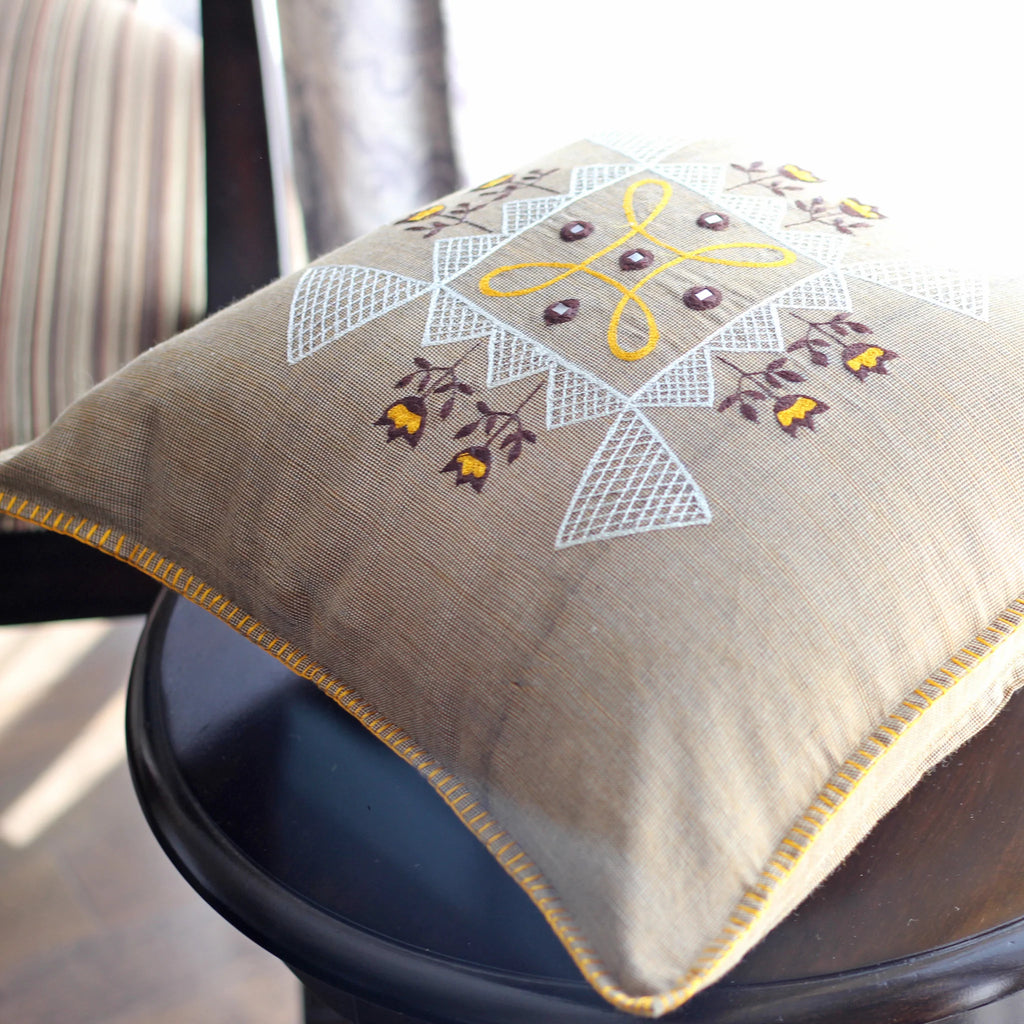Embroidered 100 Cotton Textured Pillow Cover Handloom Throw Cushion Brown 16x16