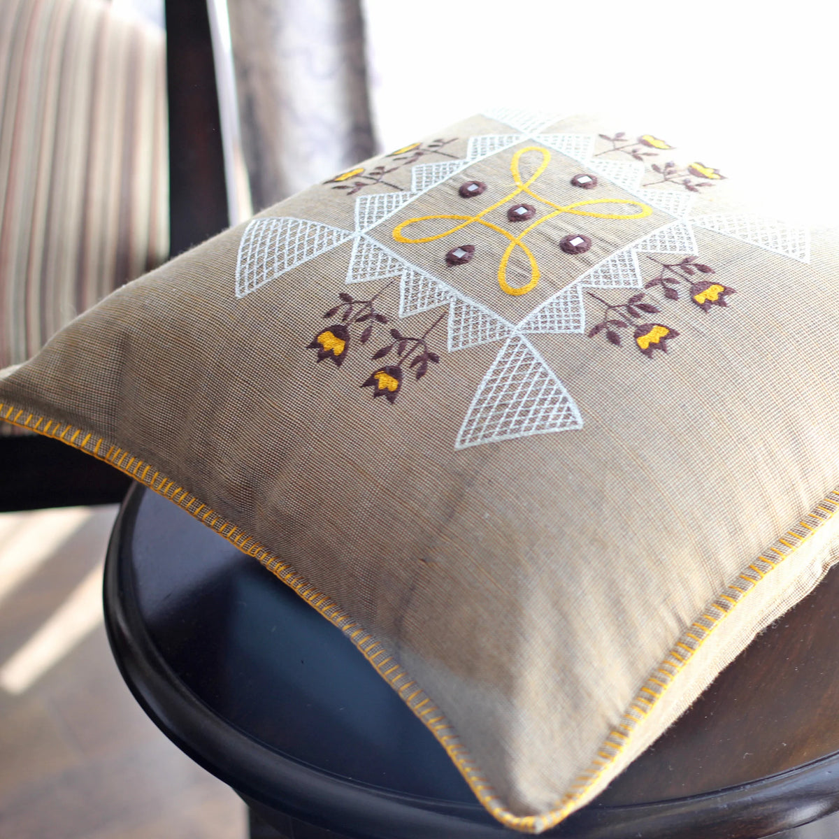 Embroidered 100 Cotton Textured Pillow Cover Handloom Throw Cushion Brown 16x16