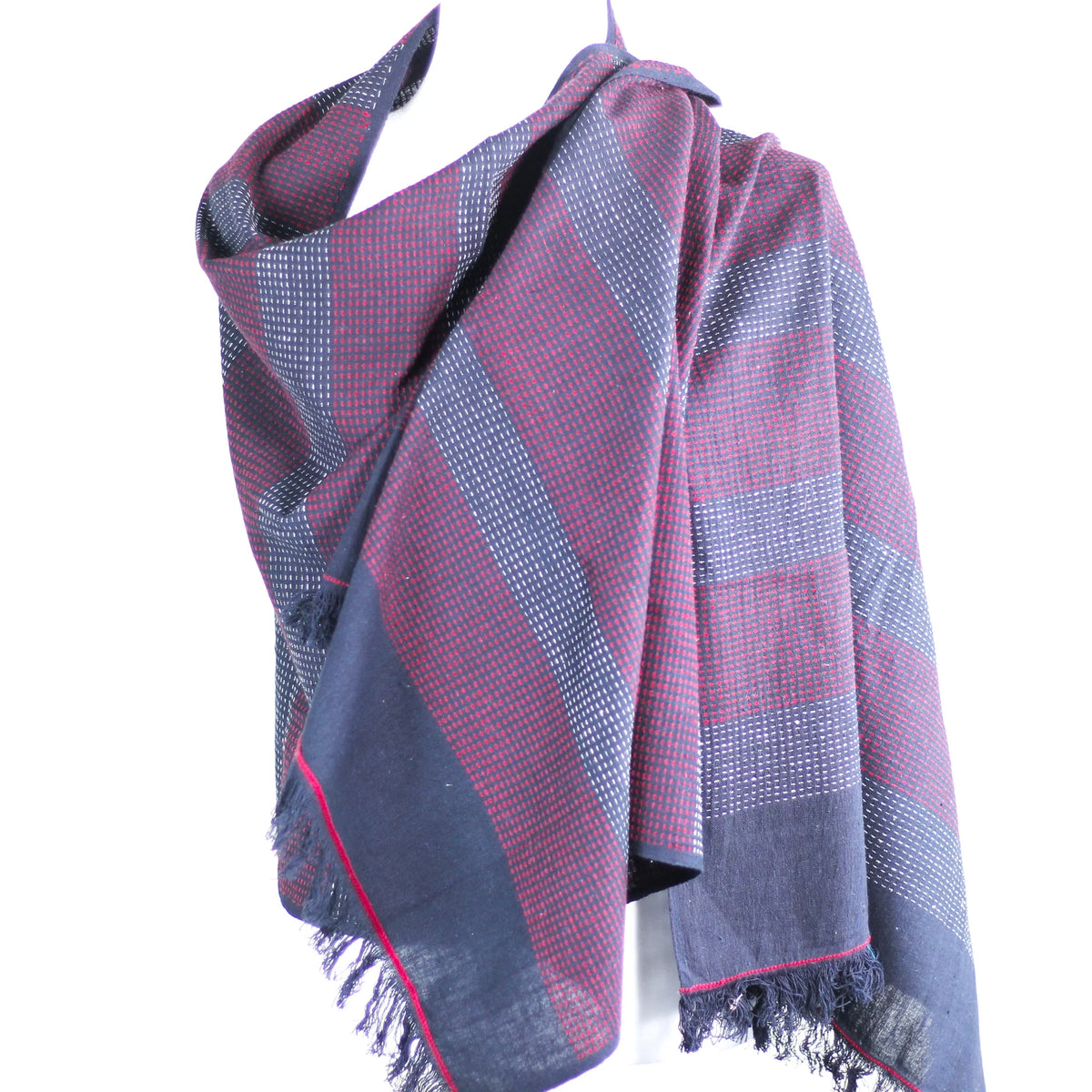 Handspun Handwoven Pure Cotton Scarf Frayed Edges Black Red 23x76