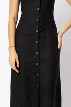 Linen Button Front Midi Dress with Tie Back